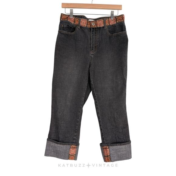 Y2K Cropped Jeans 14 Black Denim Capri Embroidered Boho Floral Ankle Tapestry - Picture 1 of 8